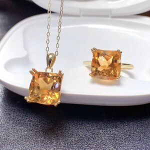 Natural Citrine Faceted Ring and Necklace 10x10mm