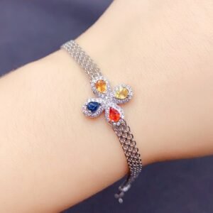 Four-leaf Clover Colored Sapphire Silver Bracelet 3*4mm